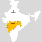 Map of India marking Melghat, Nagpur, Mumbai and New Delhi