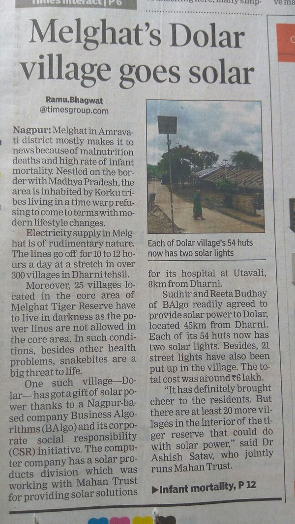 Newspaper article 'Melghat's Dolar village goes solar'