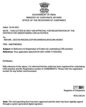 Government of India letter registering MAHAN for CSR activities (CSR00000414)