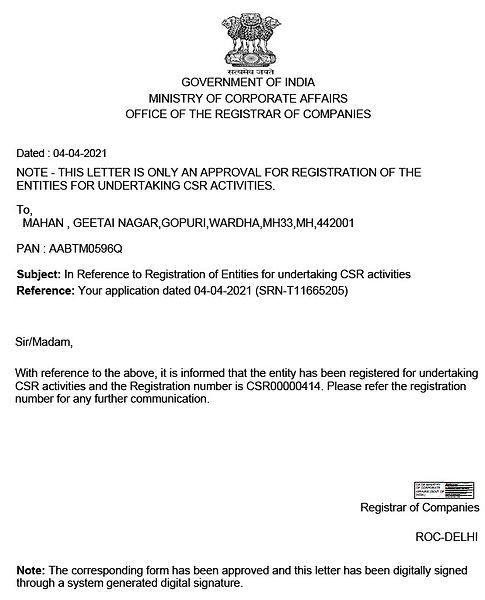 Government of India letter registering MAHAN for CSR activities (CSR00000414)